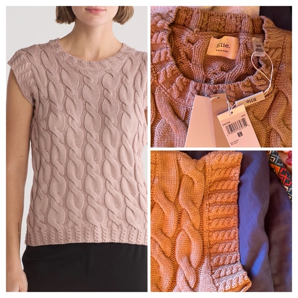 ELIE TAHARI NWT Cap Sleeve Crewneck Chunky Cable Knit Sage Green Sweater medium - Picture 1 of 13